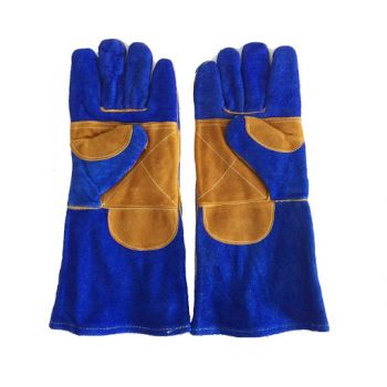 Găng tay da dài - da lộn mềm chống nóng EU (2 lớp màu xanh viền phối vàng)